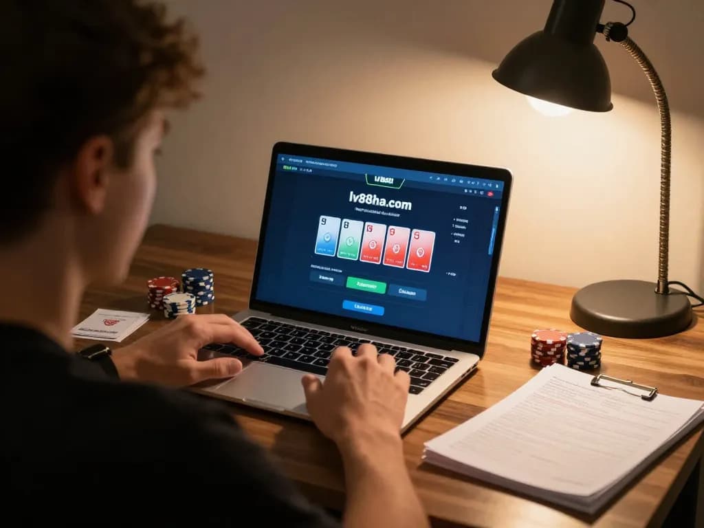 Engaged player strategizing on lv88cha.com poker game from home, showcasing focused gaming.