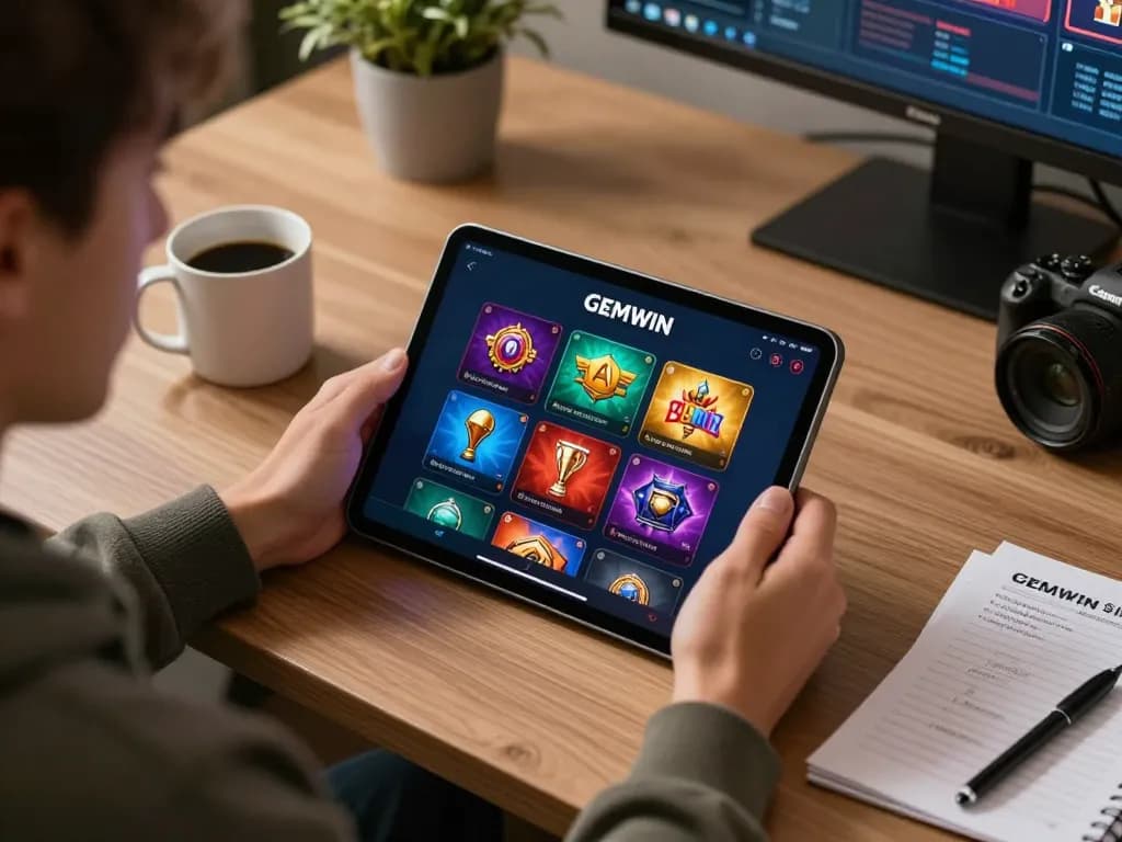 Engaging player immersed in the GEMWIN casino app on a tablet, strategic gaming scene.