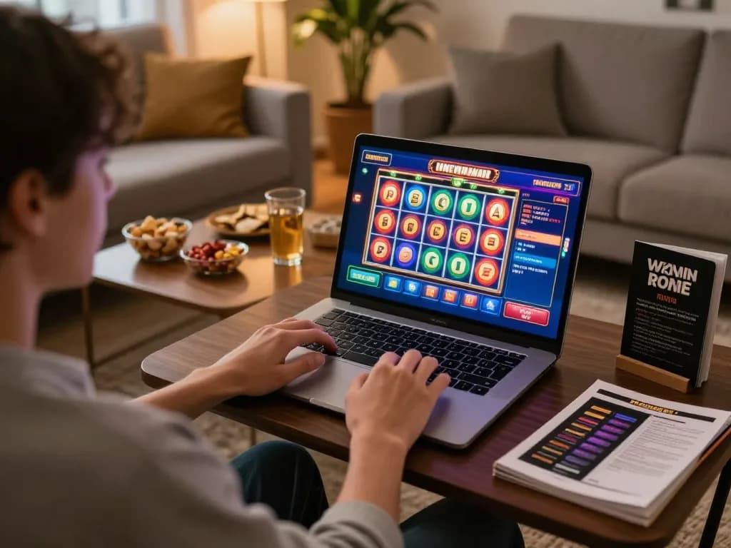 Pemain berinteraksi dengan slot online KING55 di laptop dalam suasana rumah yang nyaman