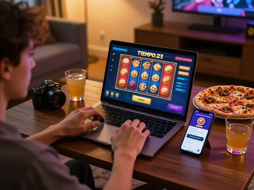 Pemain yang terlibat menikmati permainan slot online Tempo123 di pengaturan rumah yang nyaman dengan laptop dan camilan.