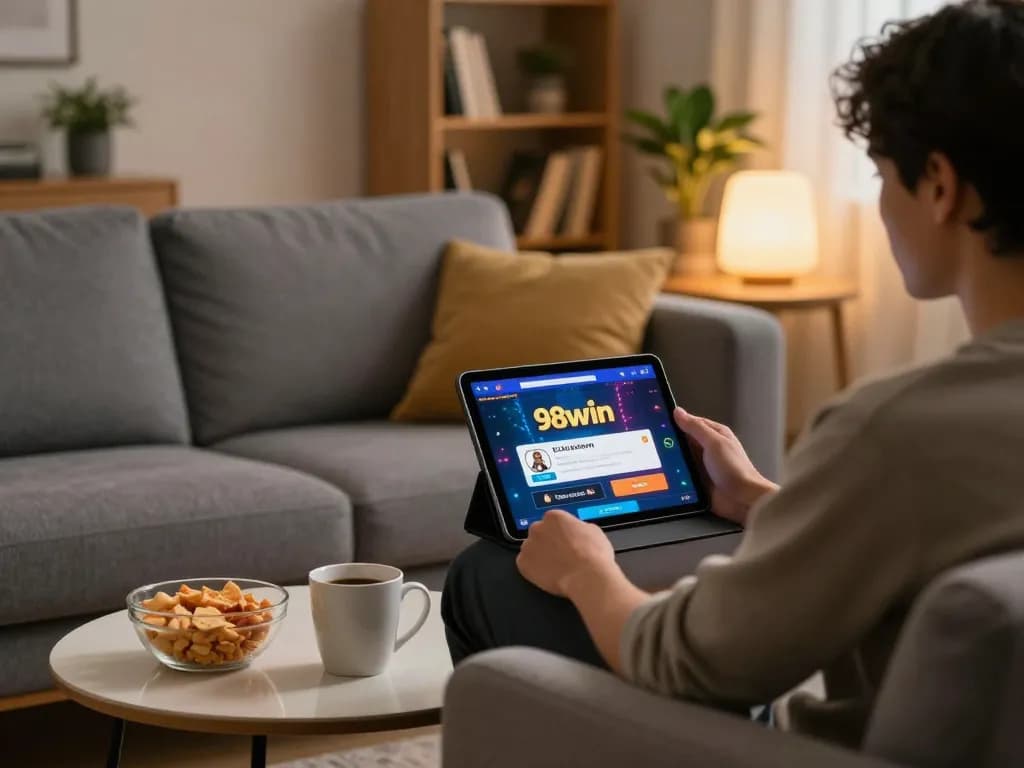 Player engaging with the link 98win casino app on a tablet in a cozy home gaming environment