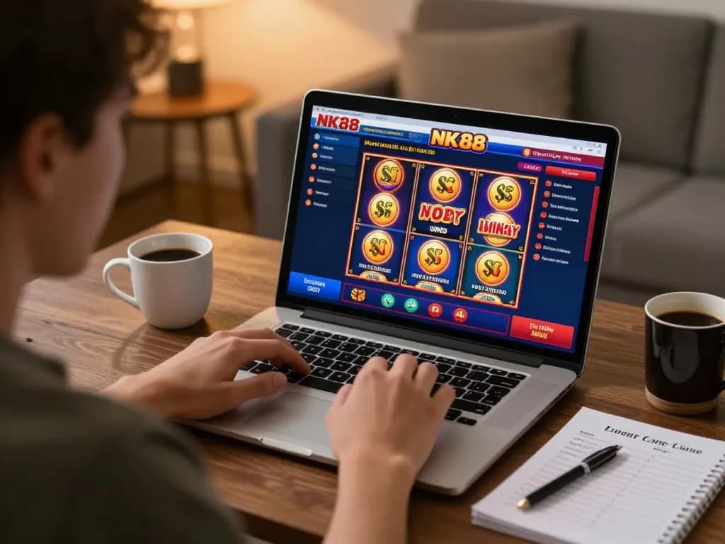 Engaging online gaming session with NK88 casino interface on laptop, showcasing strategic betting.
