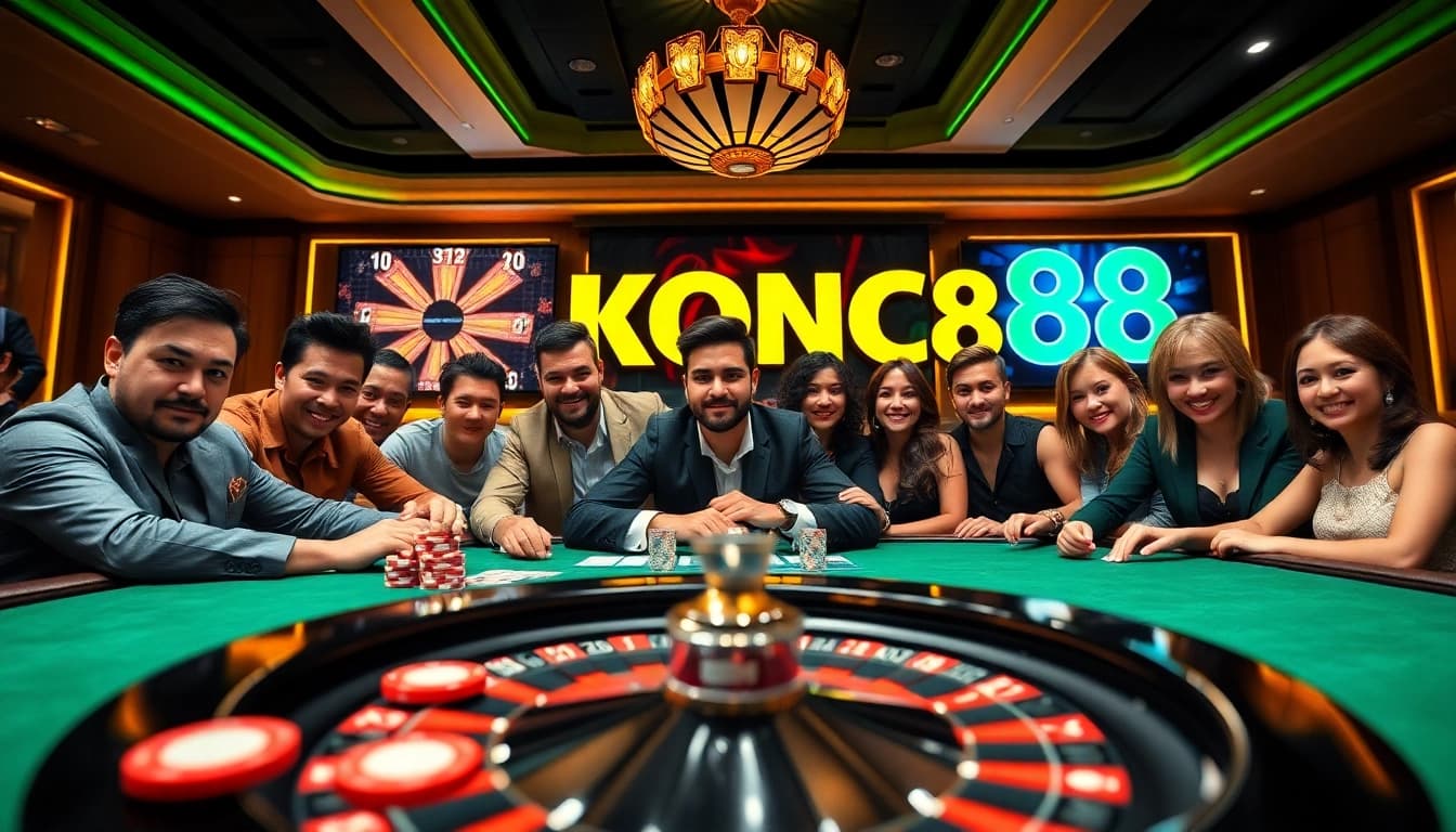 KONG88 players intensely strategizing at a lively poker table amid luxurious casino ambiance.