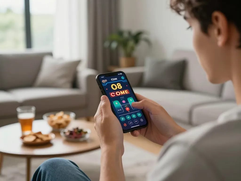 Engaged player using O8 COM app on smartphone for an exciting online casino experience.