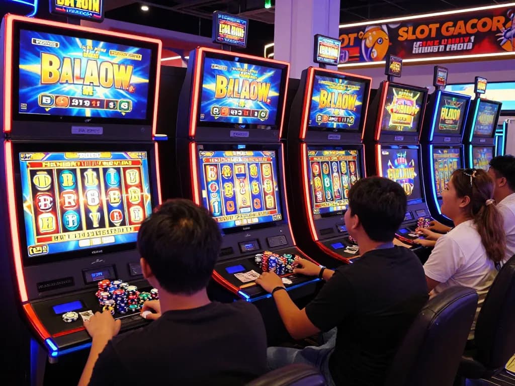 Exciting SLOT GACOR online casino scene with diverse players at colorful slot machines.