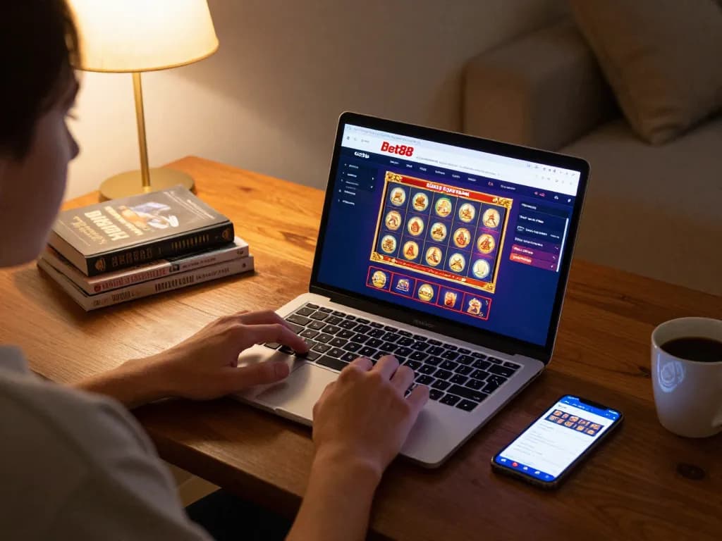Playing Bet88 online casino games on a laptop with vibrant slot graphics and a cozy setting.