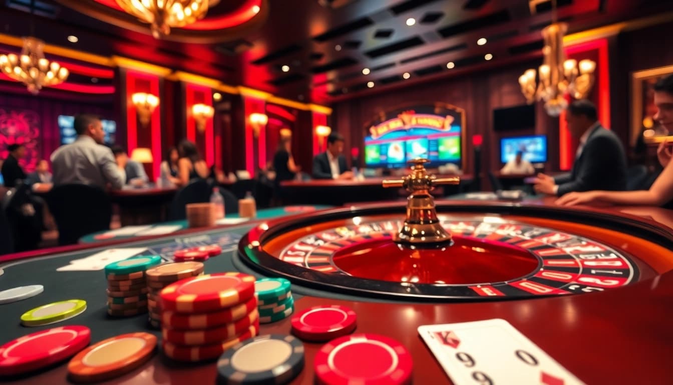 Engaging players at a citinow casino roulette table surrounded by vibrant decor.