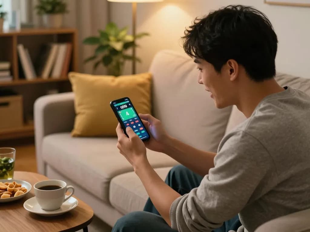 Betting enthusiast using gi88 app on smartphone in cozy home atmosphere