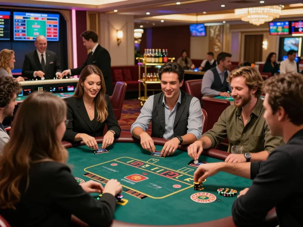 Link vào 33win - vibrant casino scene with engaged players enjoying thrilling games and luxury ambiance