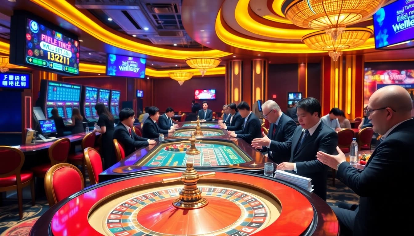 Engaging gamblers analyze Pengeluaran Macau results at a dynamic casino table.