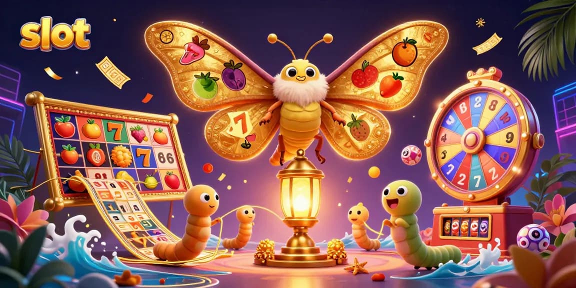 Slot gulung menang besar dalam ilustrasi dengan kupu-kupu 3D dan elemen kasino kaya.
