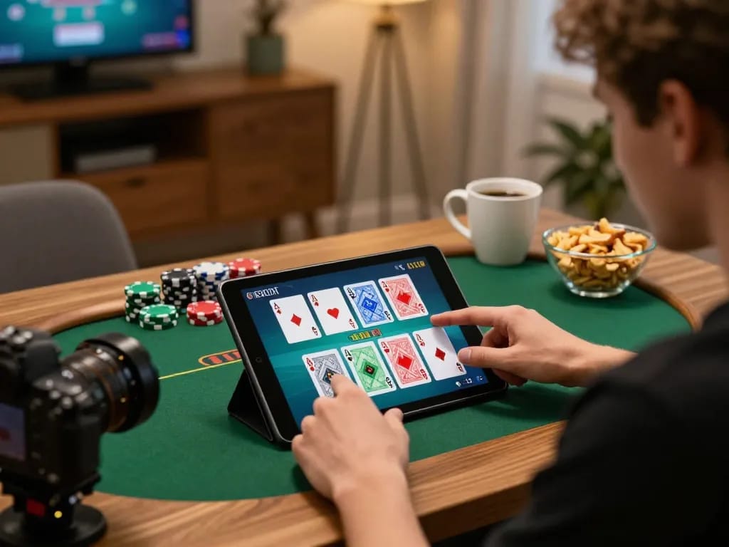 B52CLUB player strategizing during an online poker game, tablet screen showing colorful cards and stacks of chips in a cozy setting.