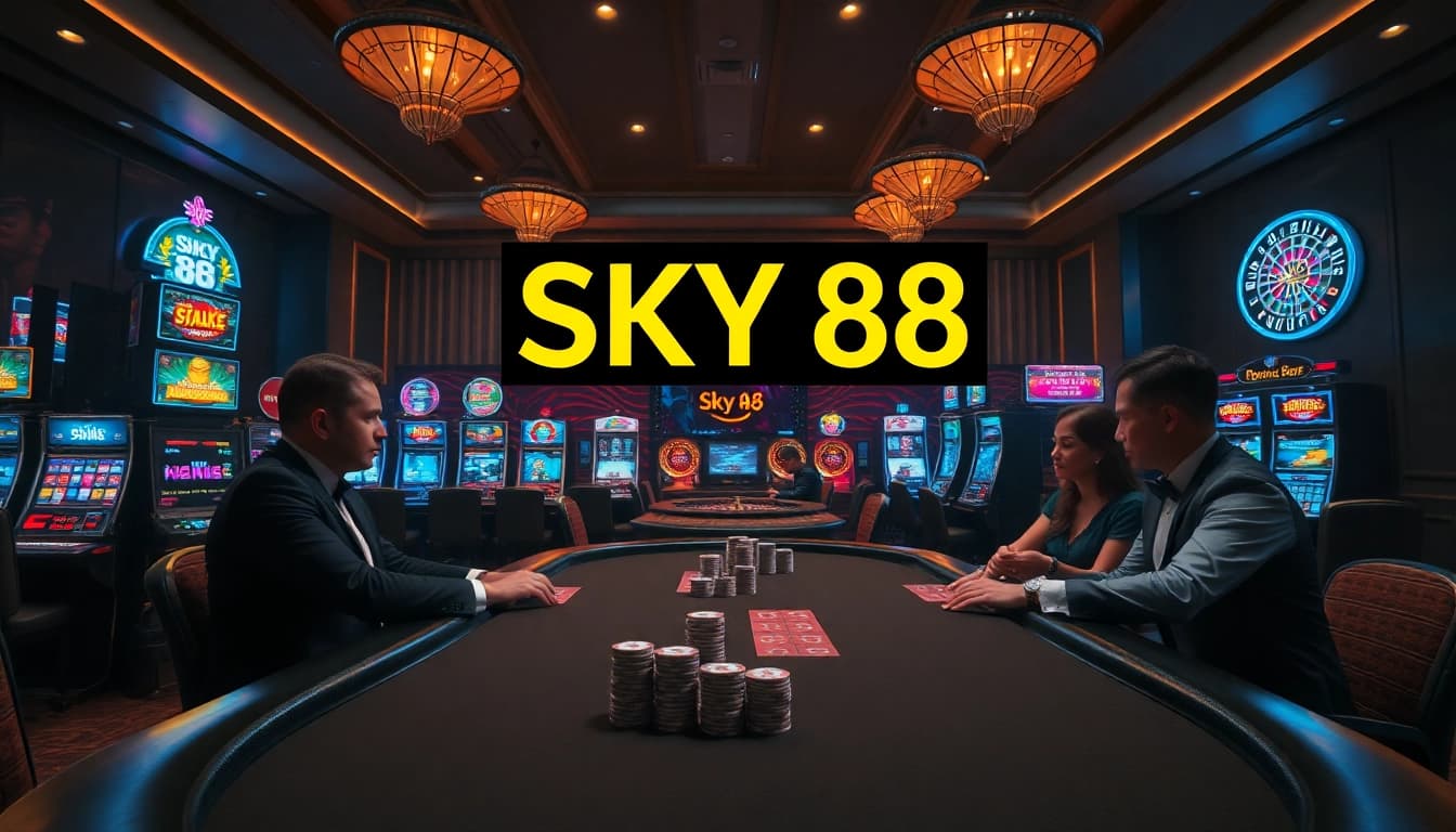 Exciting high-stakes game at SKY 88 casino with luxurious atmosphere and poker action.