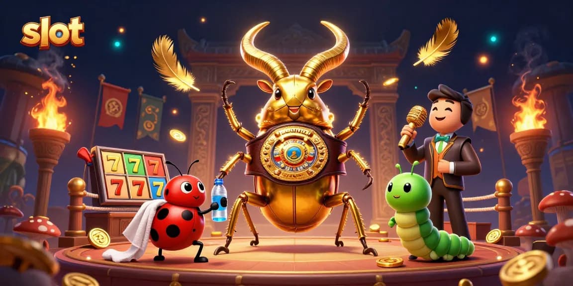 Spin dynamic slot games with a giant stag beetle, ladybug corner-man, and a caterpillar announcer.