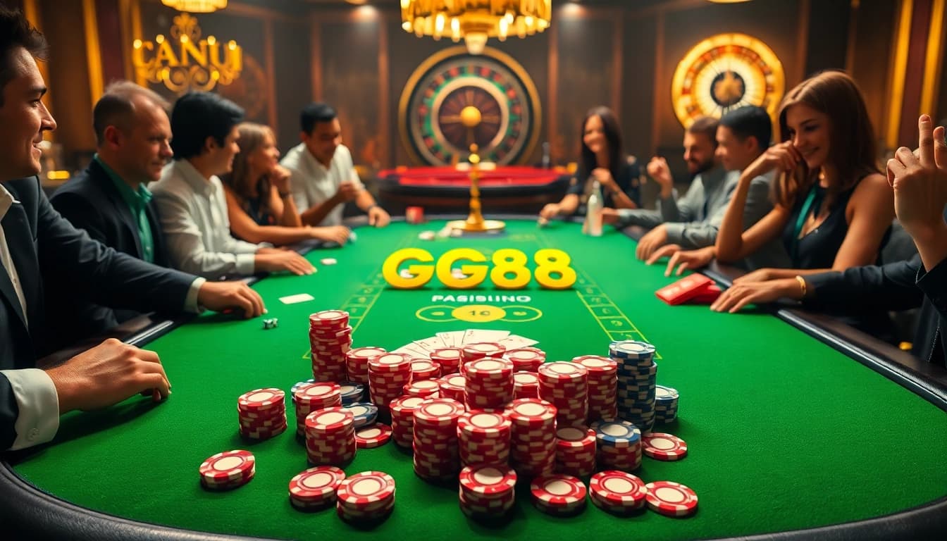 Players enjoying a thrilling GG88 poker game at an upscale casino.