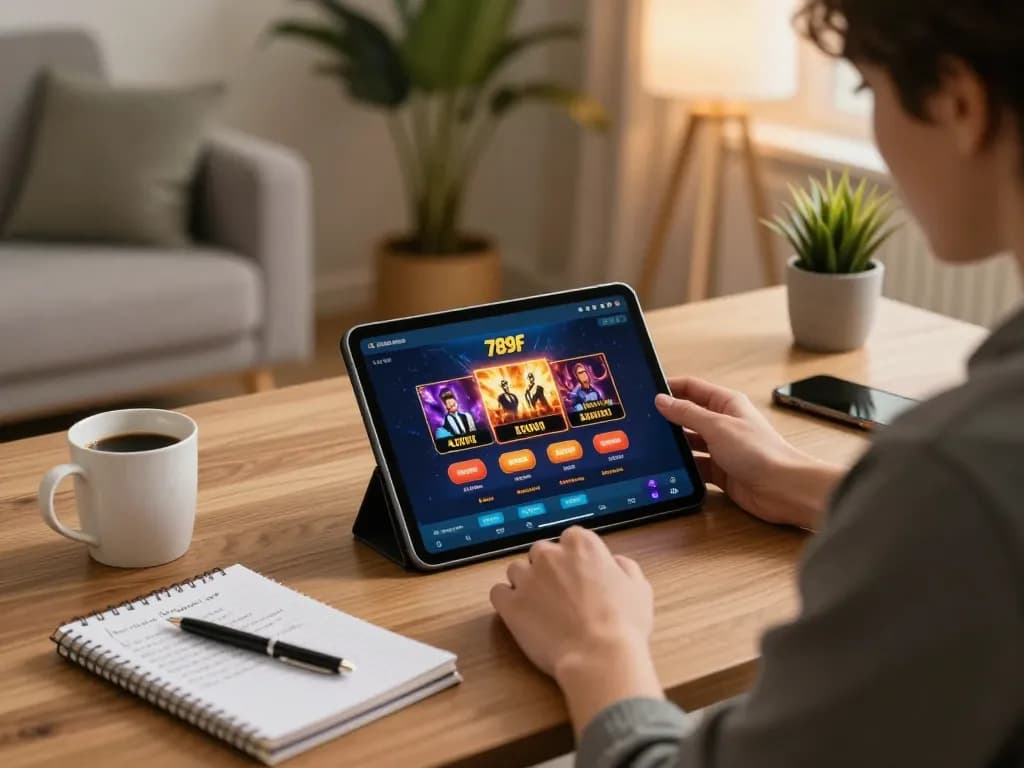 Player engaging with the 789f casino app on tablet, creating a strategic gaming atmosphere.
