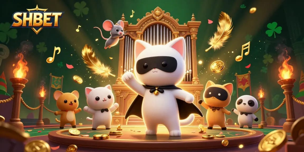 SHBET's vibrant casino scene depicting a whimsical white cat, enticing players with thrilling gaming elements