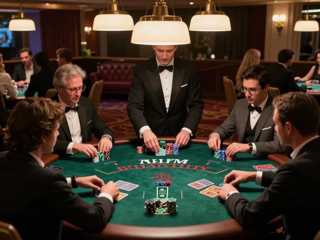 Thebigbearbutt menunjukkan pemain yang merencanakan strategi di meja blackjack yang elegan.