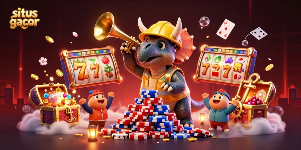 Situs gacor highlights exciting slot adventures with a triceratops building poker chips amidst an energetic casino scene.