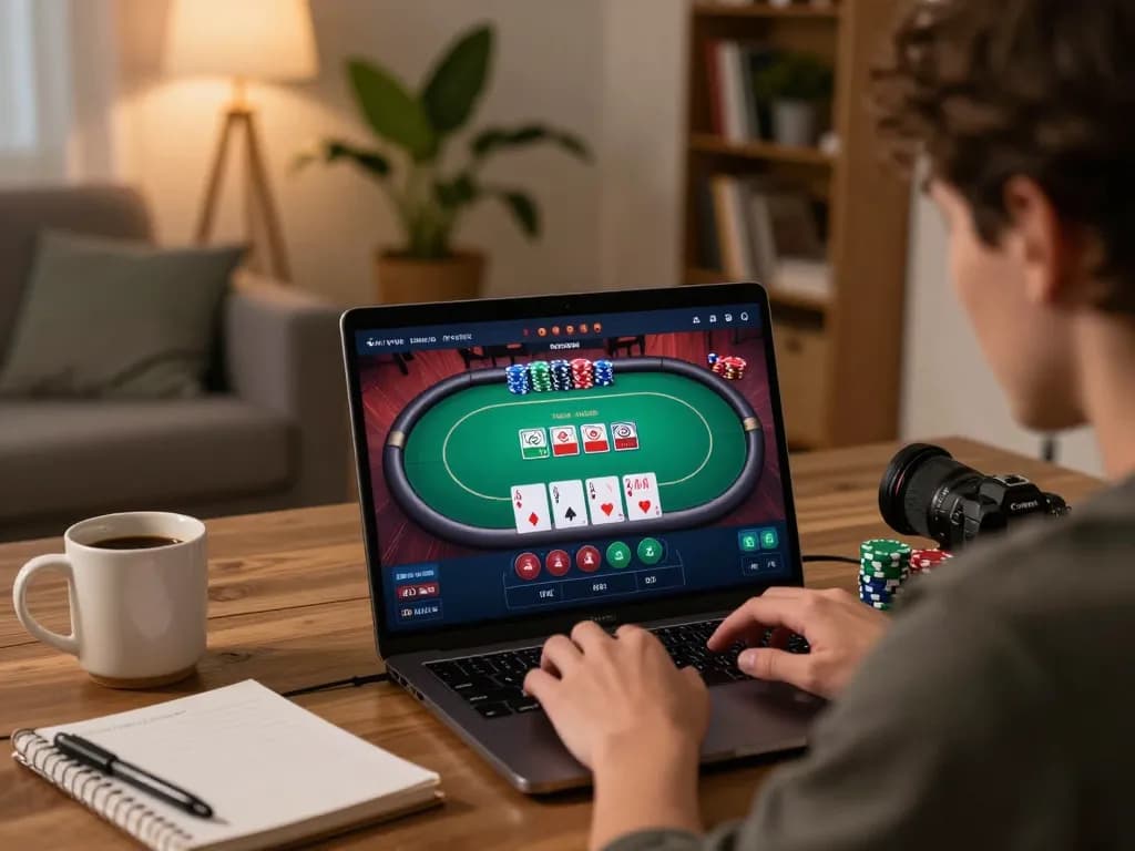 Engaged player strategizing in online poker at home with soc88 gaming interface visible