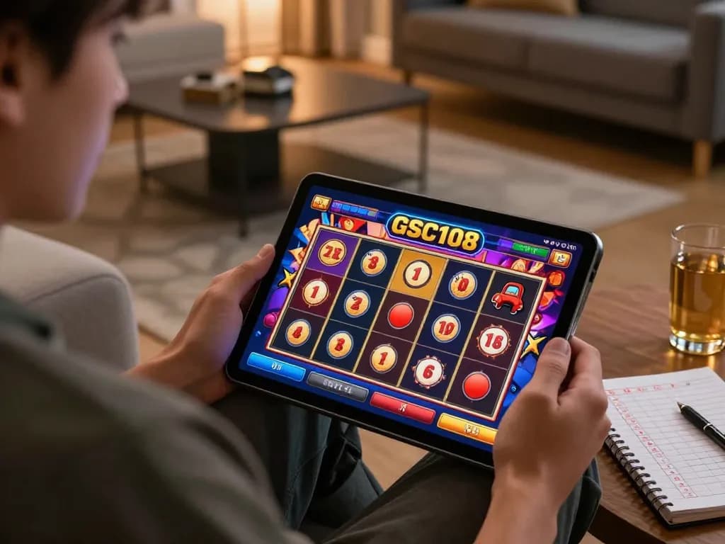 Gsc108 Daftar online gaming session with tablet displaying engaging slot machines.