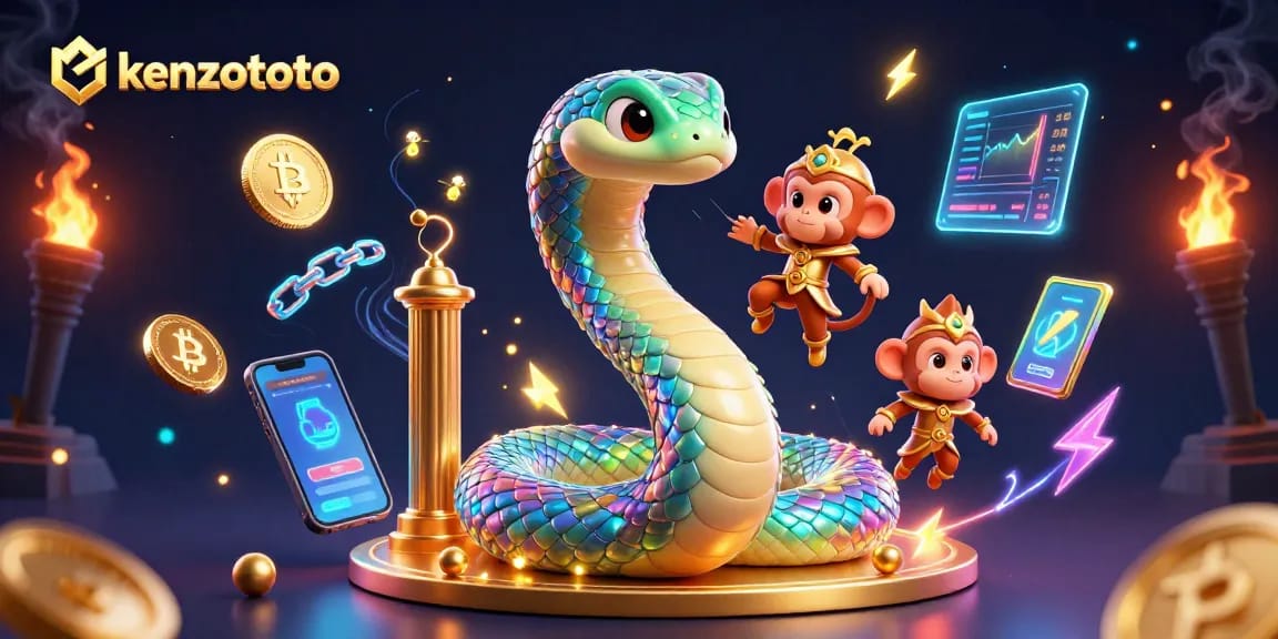 Engage in thrilling gameplay with kenzototo, featuring a vibrant 3D scene of a rainbow serpent and monkey king.