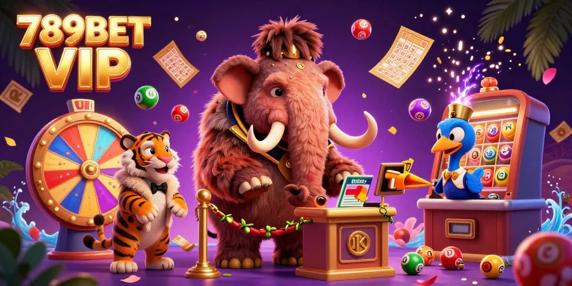 Engage in excitement with 789BET VIP at this lively casino scene, showcasing dynamic lottery elements and VIP character interactions.