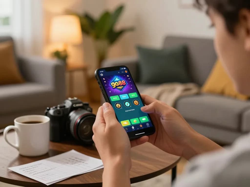 Engaging with the go88 app for strategic mobile gaming in a cozy home setting.