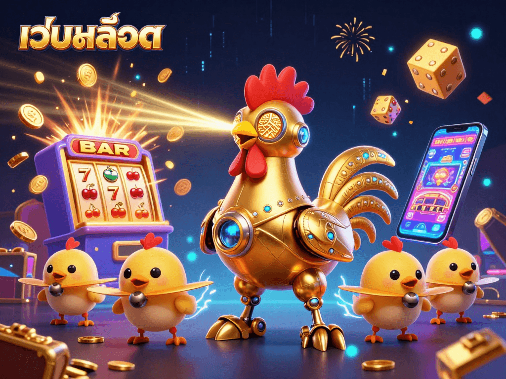 Experience เว็บสล็อต action with a golden rooster robot and baby chick drones in a vibrant casino scene.