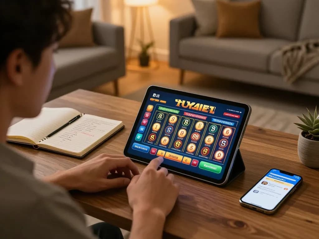 Dewatogel Link Alternatif Login Terbaru for online togel game on a tablet in a cozy setting.