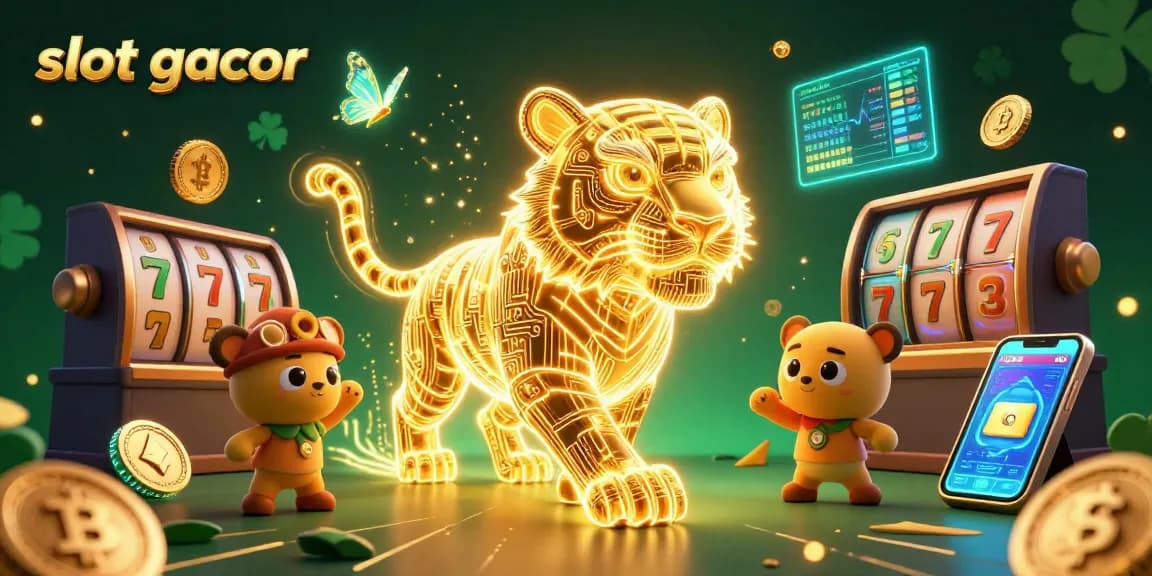 Experience exciting slot gacor action with a neon-wireframe golden tiger in a digital casino environment.