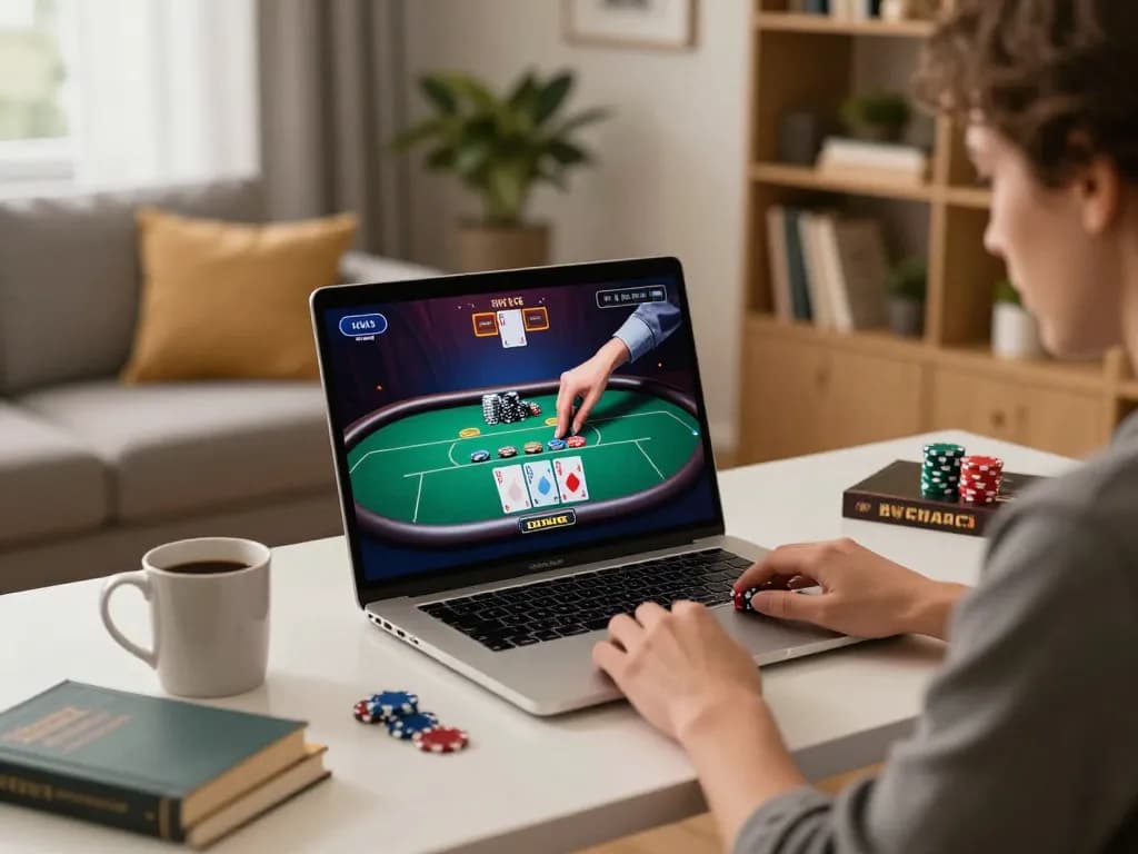 Engaging with TT88 online poker game on a laptop in a cozy setting.
