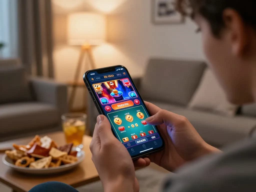 Engaged player exploring paris888 casino app on smartphone in cozy home setting