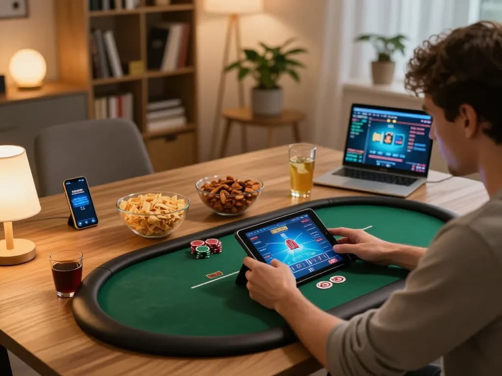 Pemain menikmati poker online di pengaturan permainan rumah trapstarstores dengan tablet dan dekorasi yang nyaman.