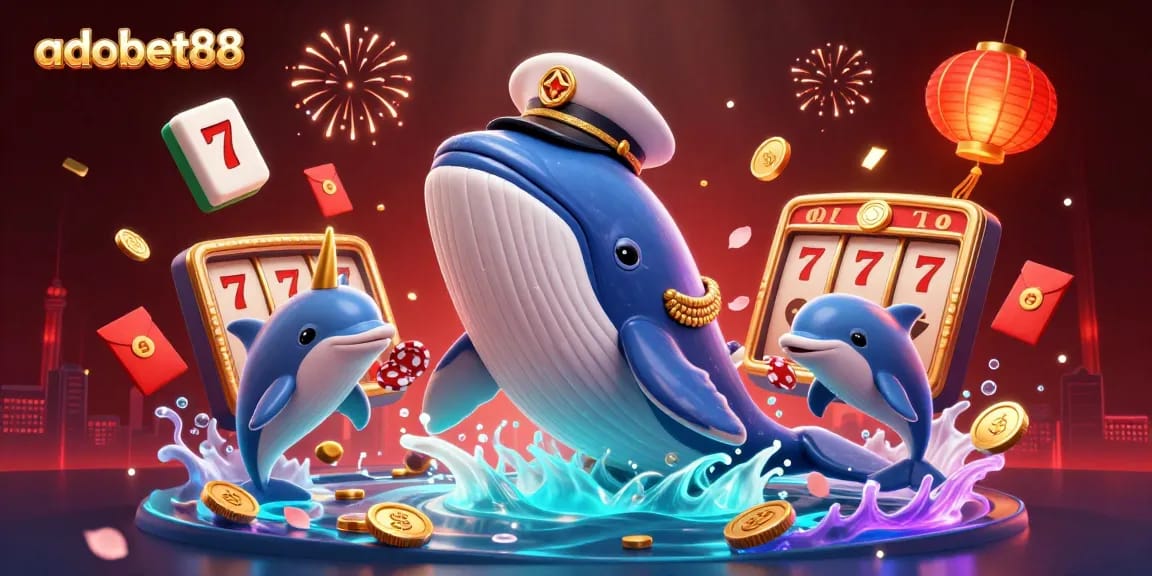 Experience winning thrills with adobet88's vibrant 3D casino scene featuring a whale, narwhal, and dolphins.