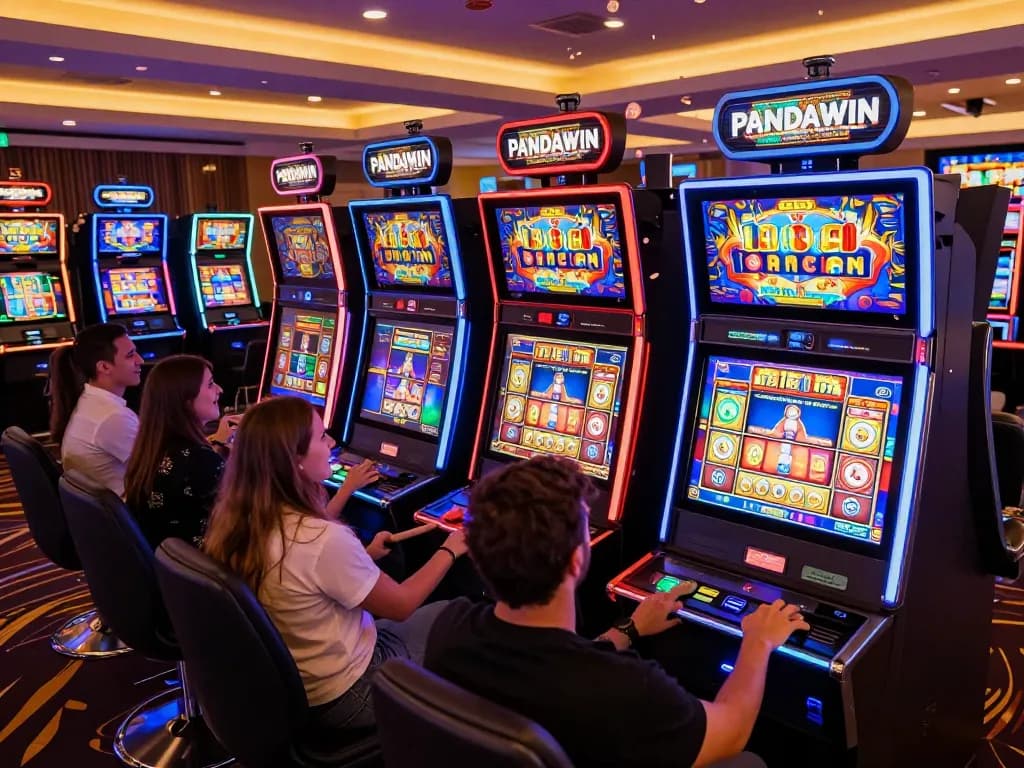 Pemain PANDawin dengan antusias terlibat dengan mesin slot HD yang berwarna-warni di suasana kasino yang hidup.