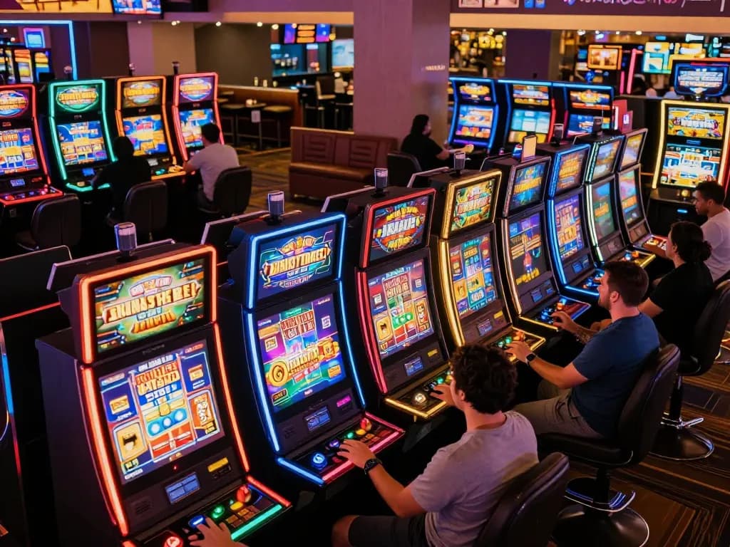 Debet players engaging with colorful slot machines in a lively casino atmosphere