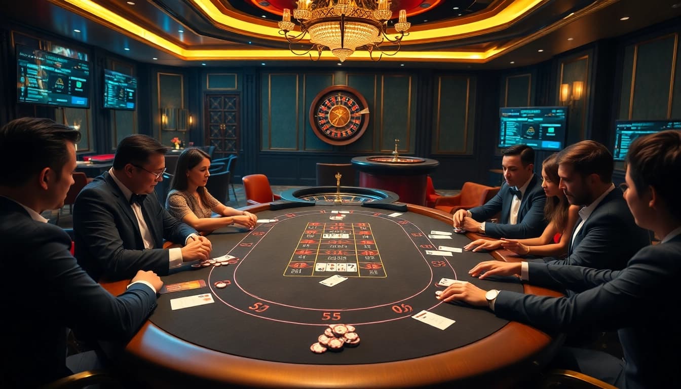 Engaged players enjoying high-stakes poker at nhà cái sky88's luxurious casino table.