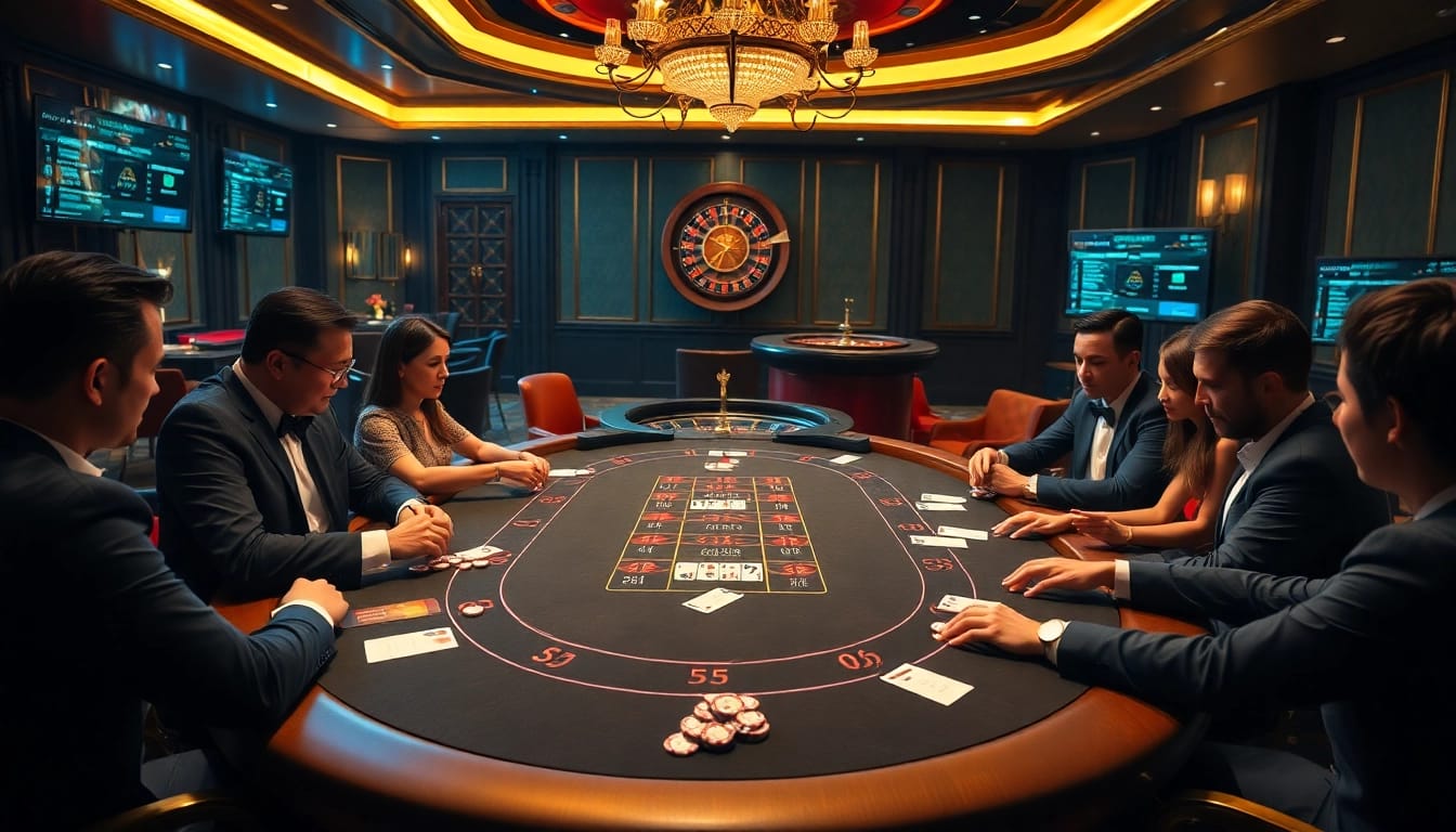 Engaged players enjoying high-stakes poker at nhà cái sky88's luxurious casino table.