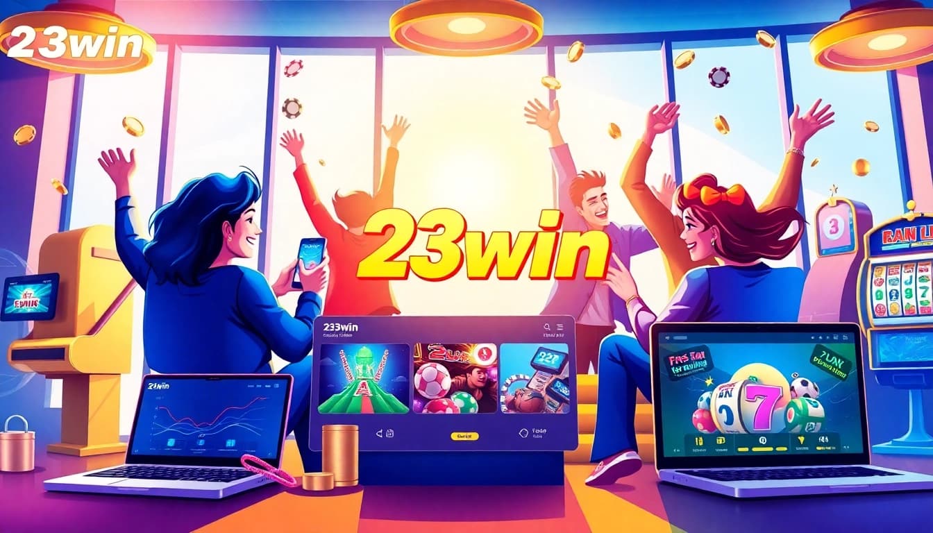 Experience the thrill of online gaming at 23win with dynamic visuals of players engaged in various games.