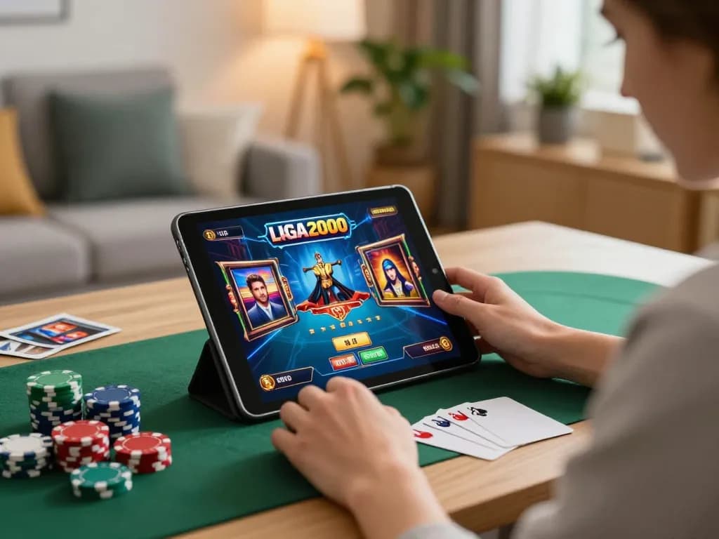 LIGA2000 player engaging with online slots, showcasing a cozy gaming environment with strategy notes.