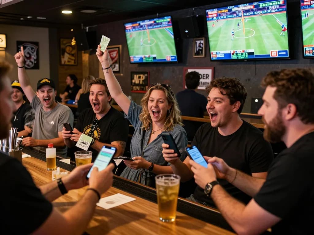 U888 bettors placing wagers on thrilling live sports events in a vibrant bar atmosphere.