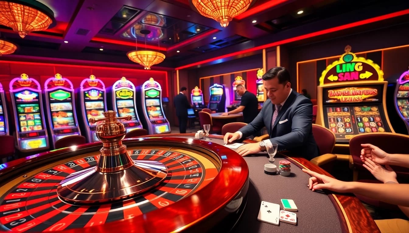 Experience the excitement of KP88 at a vibrant roulette table with professional dealers and luxurious decor.