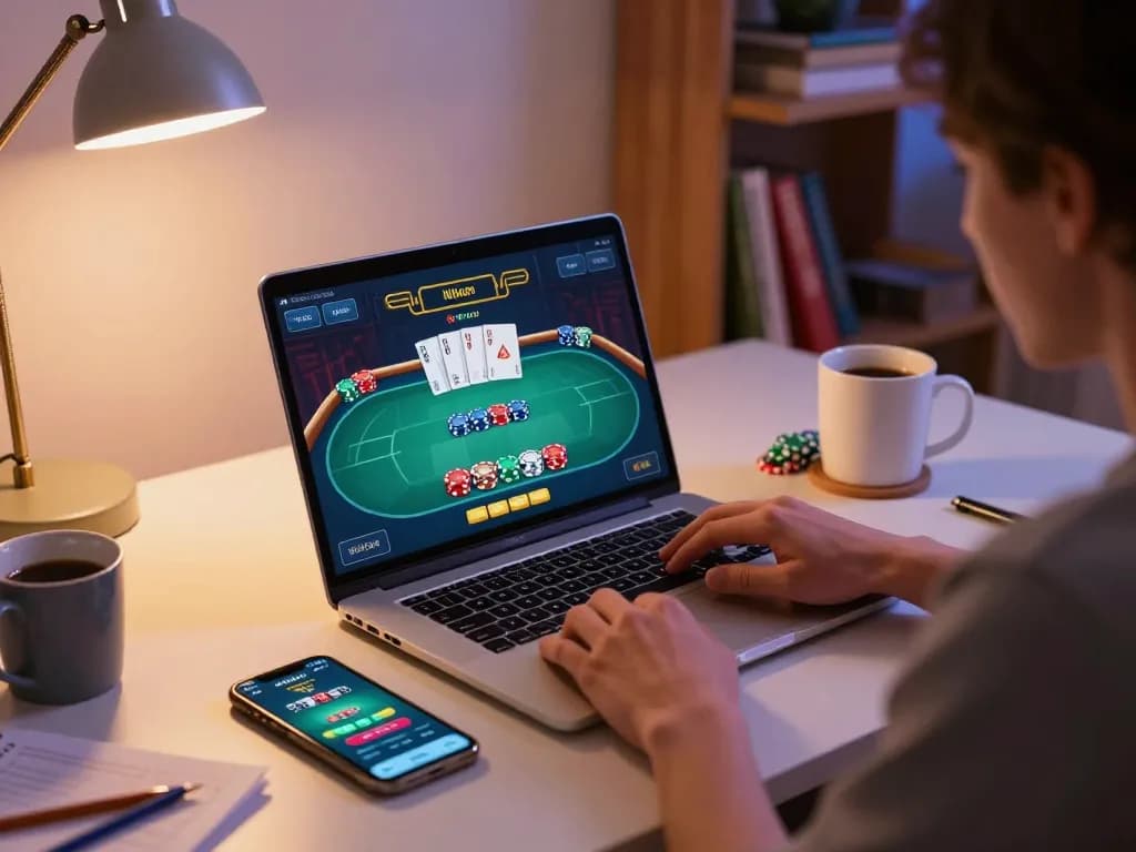 Play poker online with 388bet, showcasing strategic gameplay on a laptop at a cozy desk.