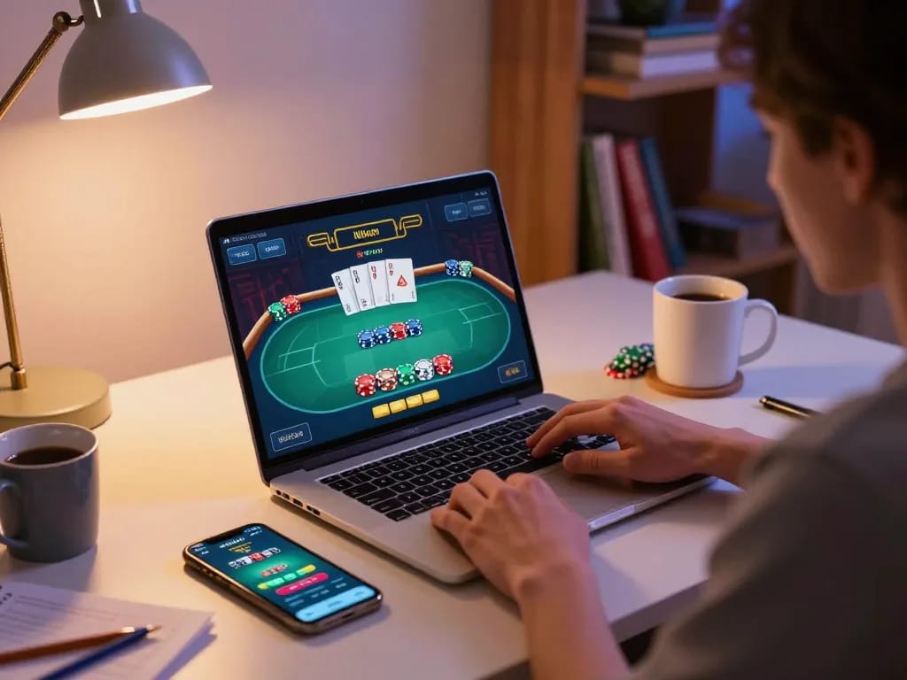 Play poker online with 388bet, showcasing strategic gameplay on a laptop at a cozy desk.