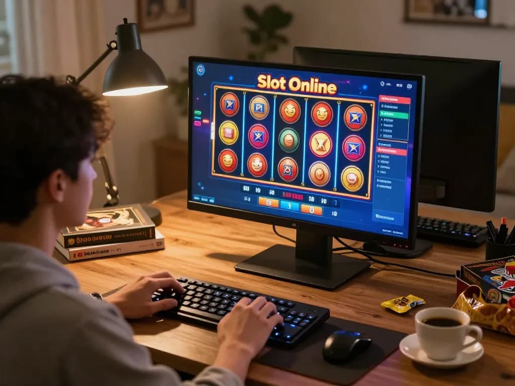 Engaging Slot Online gameplay scene with desktop setup, player focused on spinning reels, cozy atmosphere.