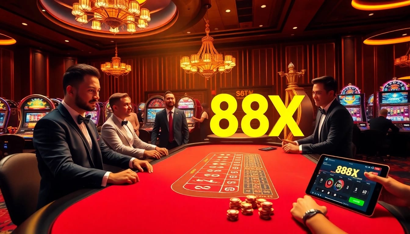 Experience vibrant 88xx gaming with excited players at a luxury casino table featuring roulette and blackjack action.