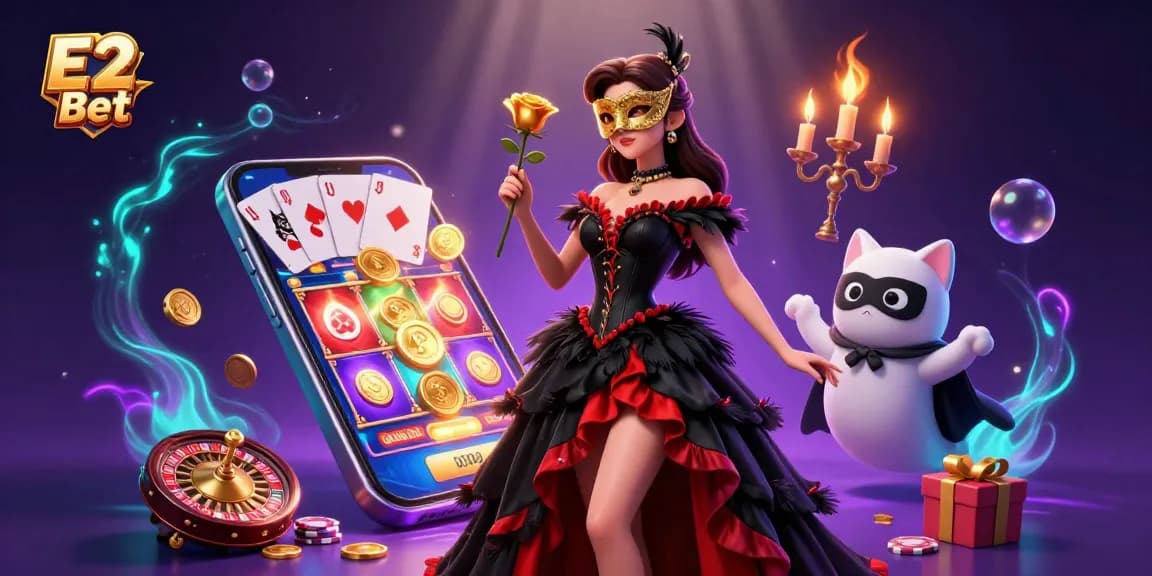E2 Bet offers an exciting gaming experience with a stunning casino-themed illustration featuring vibrant gameplay and rich visuals.