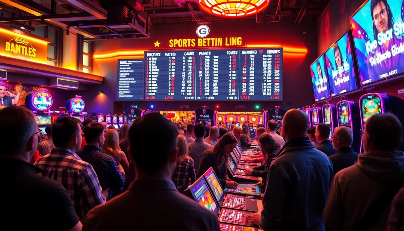 Engaging sports betting Malaysia experience with energetic gamblers and vibrant casino lights.