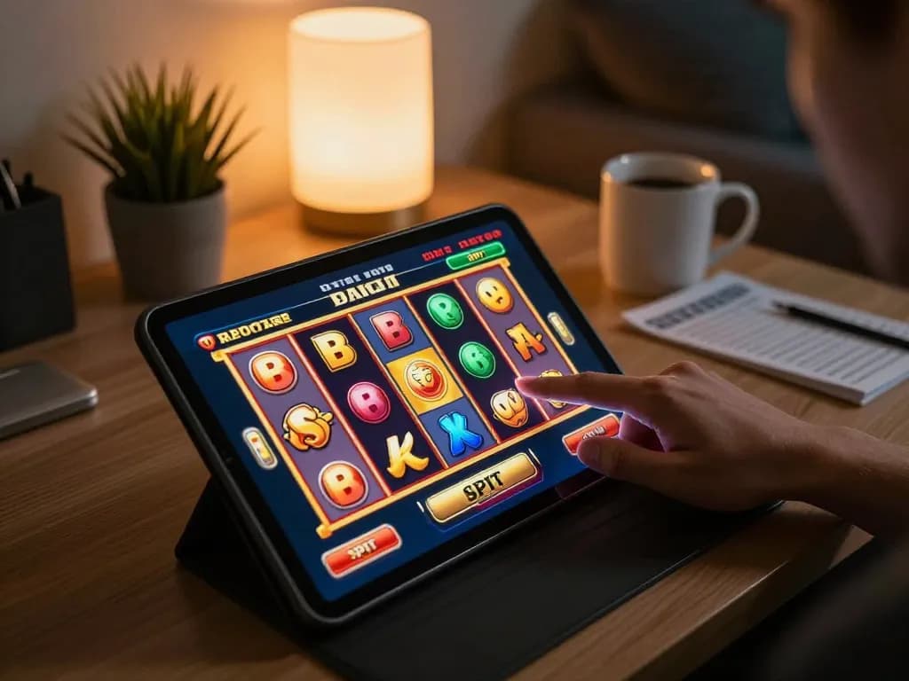 Playing a thrilling toto slot game at home, showcasing vibrant reels and strategic betting.
